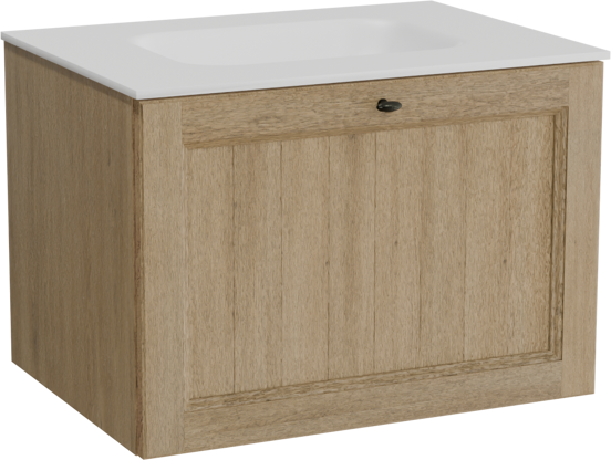 Balmani Lemon hängendes Möbelstück Set: 75 x 55 cm, Verwitterte Eiche, mit Tablo Arcato Einzelwaschtisch, Solid Surface Weiß matt