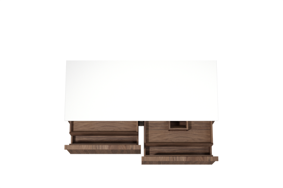 Balmani Forma meuble salle de bains suspendu 135 x 55 cm noyer américain avec Stretto tablette simple ou double en solid surface blanc mat, Nervure droite symétrique verticale