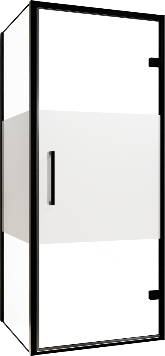 Balmani Senses Design douchecabine met rechtse draaideur en vaste zijwand, 90 x 80 cm, Helder glas met matte strook, Zwarte profielen