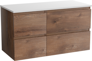 Linie Lado zwevend badkamermeubel 100 x 46 cm bruine eik met Lado enkel of dubbel tablet in composietmarmer glanzend wit