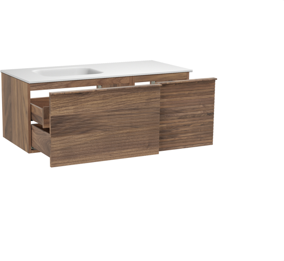 Balmani Forma meuble salle de bains suspendu 120 x 55 cm noyer américain avec Tablo Arcato plan vasque asymétrique à gauche en solid surface blanc mat, Nervure droite symétrique horizontale