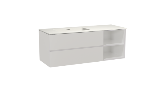 Storke Edge zwevend badmeubel 140 x 52 cm hoogglans wit met Mata asymmetrisch linkse wastafel in solid surface mat wit