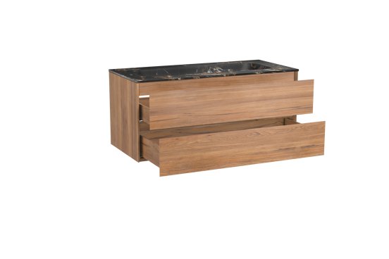 Balmani Mitra hängendes Möbelstück Set: 120 x 55 cm, Teak, mit Tablo Arcato Einzelwaschtisch für 2 Armaturenlöcher, Marmor Portoro Gold
