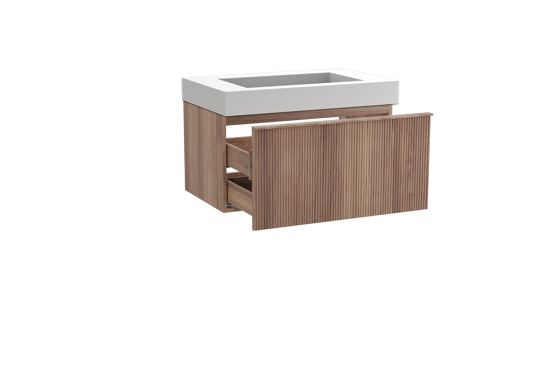 Balmani Forma hängendes Möbelstück Set: 90 x 55 cm, Teak, mit Modus Einzelwaschtisch, Solid Surface, Weiß matt, Vertikale symmetrische gerade Rippe