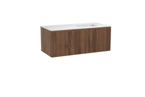 Balmani Fila meuble salle de bains suspendu 120 x 55 cm noyer avec Tablo Arcato plan vasque asymétrique à droite en solid surface blanc mat, Nervure droite symétrique verticale