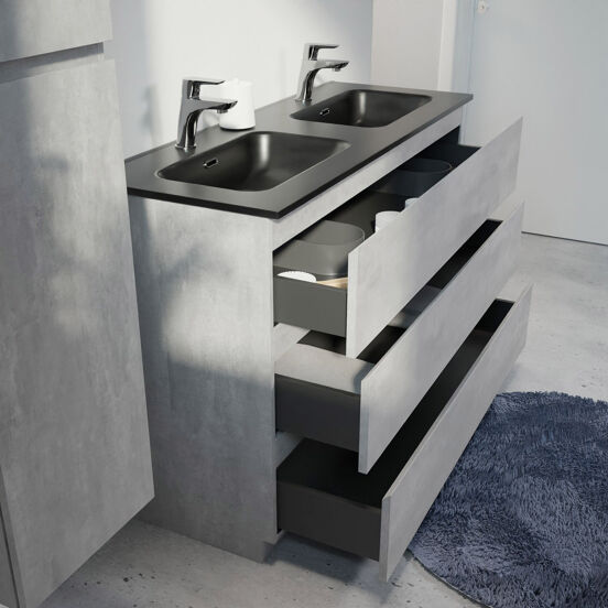 Linie Lado freistehendes Möbelstück Set: 120 x 46 cm, Beton dunkelgrau, mit Baro Doppelwaschtisch, Porzellan Schwarz matt