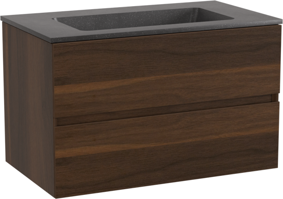 Storke Edge meuble salle de bains suspendu 80 x 46 cm noyer avec Scuro plan simple en quartz noir mat