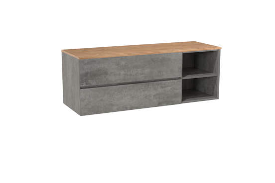 Storke Edge zwevend badkamermeubel 150 x 52 cm beton donkergrijs met Panton enkel of dubbel tablet in melamine ruwe eik