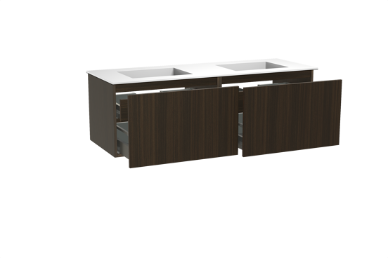 Balmani Sfera zwevend badkamermeubel 150 x 55 cm eucalyptus met Tablo Stretto dubbele wastafel in solid surface mat wit
