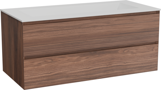 Balmani Mitra zwevend badkamermeubel 120 x 55 cm notelaar met Tablo Stretto enkele wastafel voor 2 kraangaten in solid surface mat wit