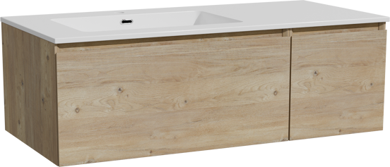 Storke Edge meuble salle de bains suspendu 110 x 52 cm chêne brut avec Diva plan vasque asymétrique à gauche en marbre composite blanc brillant