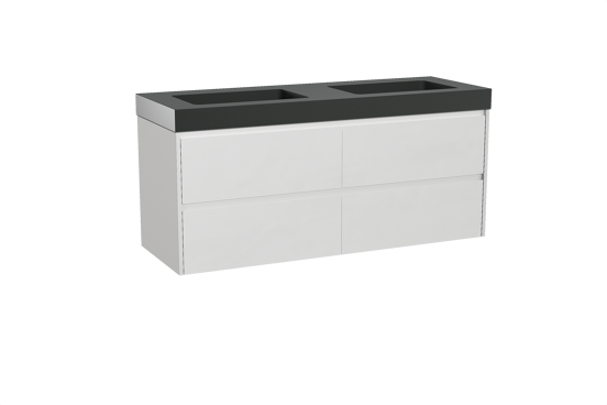 Storke Seda zwevend badkamermeubel 150 x 52 cm mat wit met Scuro High dubbele wastafel in kwarts mat zwart