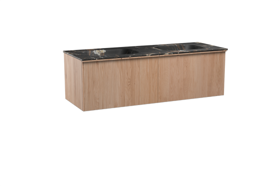Balmani Forma zwevend badkamermeubel 150 x 55 cm natuur eik met Tablo Arcato dubbele wastafel in marmer portoro gold, Verticale symmetrische rechte ribbel