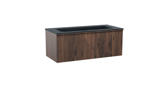 Balmani Forma zwevend badkamermeubel 120 x 55 cm amerikaanse notelaar met Tablo Strada enkele wastafel voor 2 kraangaten in composietmarmer mat zwart, Verticale symmetrische rechte ribbel
