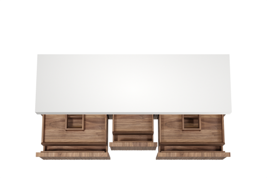 Balmani Forma hängendes Möbelstück Set: 180 x 55 cm, Amerikanischer Nussbaum, mit Dominus Einzel- oder Doppel Waschtischplatte, Solid Surface, Weiß matt, Vertikale asymmetrische Runde Rippe