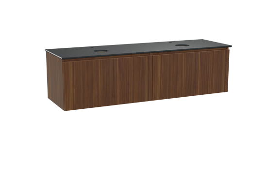 Balmani Sfera hängendes Möbelstück Set: 180 x 55 cm, Amerikanischer Nussbaum, mit Facetta Doppel Waschtischplatte, Schwarzes Granit