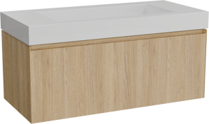 Balmani Idra zwevend badkamermeubel 120 x 55 cm natuur eik met Modus enkele wastafel voor 2 kraangaten in solid surface mat wit