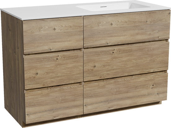 Storke Edge staand badmeubel 120 x 52 cm ruw eiken met Mata asymmetrisch rechtse wastafel in solid surface mat wit