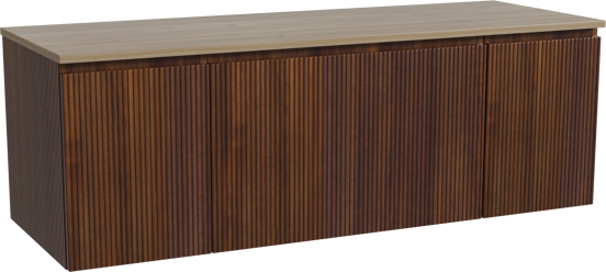 Storke Ribs zwevend badkamermeubel 145 x 52 cm notelaar met Panton enkel of dubbel tablet in melamine ruwe eik, Verticale symmetrische rechte ribbel