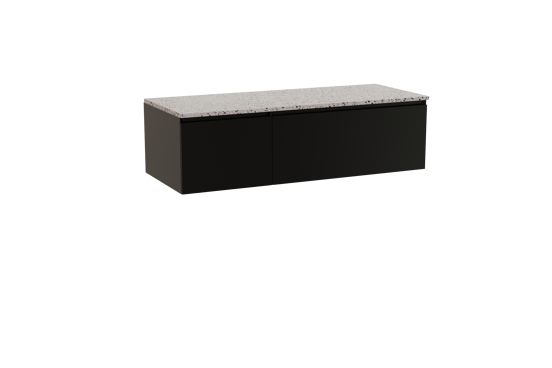 Storke Edge zwevend badmeubel 130 x 52 cm mat zwart met Tavola enkel of dubbel wastafelblad in mat wit/zwart terrazzo