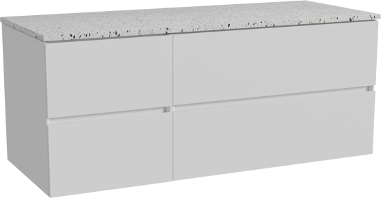 Storke Edge hängendes Möbelstück Set: 130 x 52 cm, Weiß matt, mit Tavola Einzel- oder Doppel Waschtischplatte, Terrazzo in Weiß/Schwarz matt
