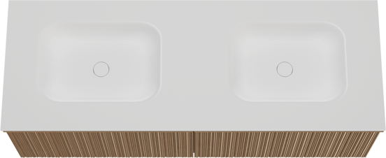 Balmani Forma zwevend badmeubel 150 x 55 cm naturel eiken met Tablo Arcato dubbele wastafel in solid surface mat wit, Verticale asymmetrische ronde ribbel