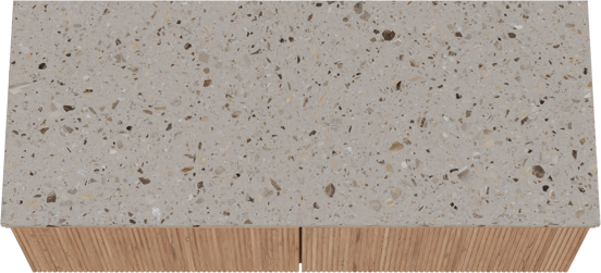 Balmani Forma zwevend badkamermeubel 135 x 55 cm teak met Stretto enkel of dubbel tablet in terrazzo greige terrazzo, Verticale symmetrische rechte ribbel