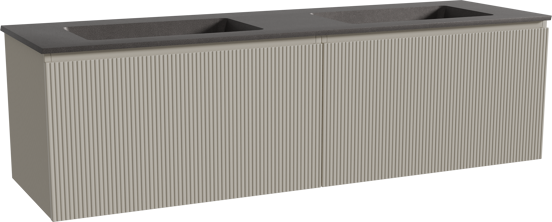Storke Ribs zwevend badkamermeubel 170 x 52 cm zijdegrijs met Scuro dubbele wastafel in kwarts mat zwart, Verticale symmetrische rechte ribbel
