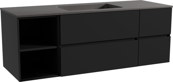 Storke Edge hängendes Möbelstück Set: 145 x 52 cm, Schwarz matt, mit Scuro Einzelwaschtisch, Quarz Schwarz matt