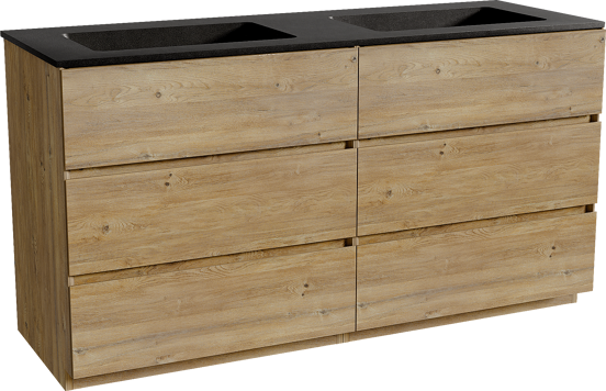 Storke Edge staand badmeubel 150 x 52 cm ruw eiken met Scuro dubbele wastafel in kwarts mat zwart