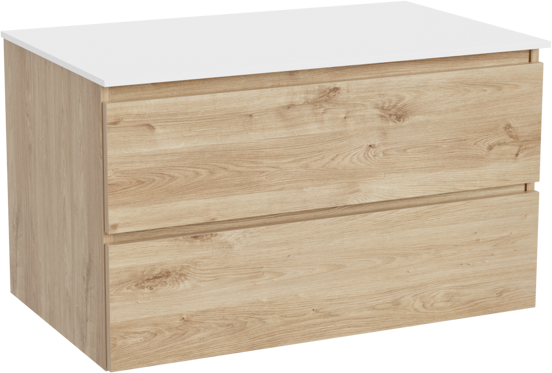 Balmani Lucida meuble salle de bains suspendu 90 x 55 cm chêne brut avec Stretto tablette simple en solid surface blanc mat