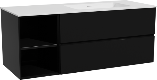 Storke Edge meuble salle de bains suspendu 130 x 52 cm noir mat avec Mata plan vasque asymétrique à droite en solid surface blanc mat