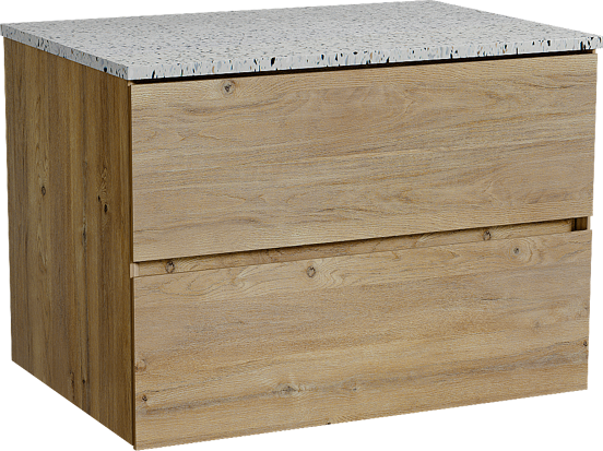 Storke Edge zwevend badmeubel 75 x 52 cm ruw eiken met Tavola enkel wastafelblad in mat wit/zwart terrazzo