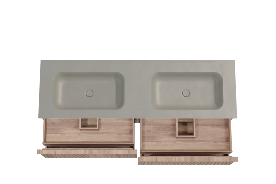 Balmani Forma meuble salle de bains suspendu 180 x 55 cm teck avec Tablo Strada double vasque en marbre composite soie grise, Nervure droite symétrique verticale