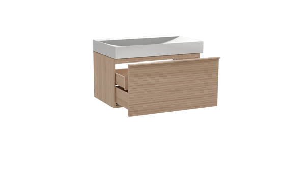 Balmani Forma zwevend badkamermeubel 90 x 55 cm natuur eik met Wave enkele wastafel in solid surface mat wit, Horizontale symmetrische rechte ribbel