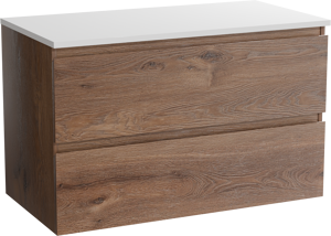 Linie Lado hängendes Möbelstück Set: 90 x 46 cm, Braune Eiche, mit Lado Einzel Waschtischplatte, Marmorkomposit Weiß matt