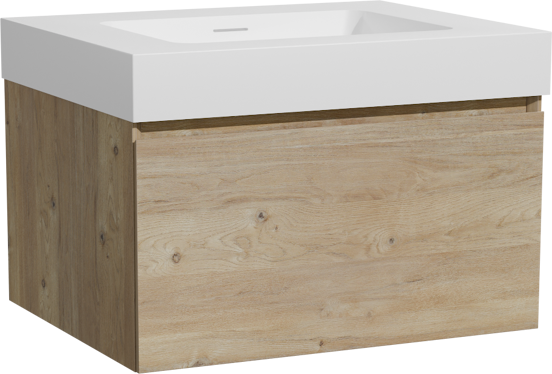 Storke Edge zwevend badkamermeubel 65 x 52 cm ruwe eik met Mata High enkele wastafel in solid surface mat wit
