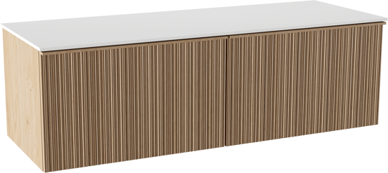 Balmani Forma zwevend badkamermeubel 150 x 55 cm natuur eik met Stretto enkel of dubbel tablet in solid surface mat wit, Verticale asymmetrische ronde ribbel