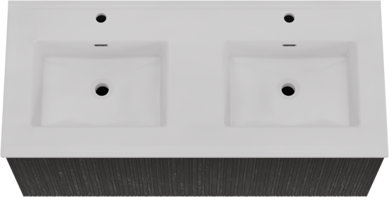 Storke Ribs meuble salle de bains suspendu 120 x 52 cm chêne noir avec Kera double vasque en céramique blanc brillant