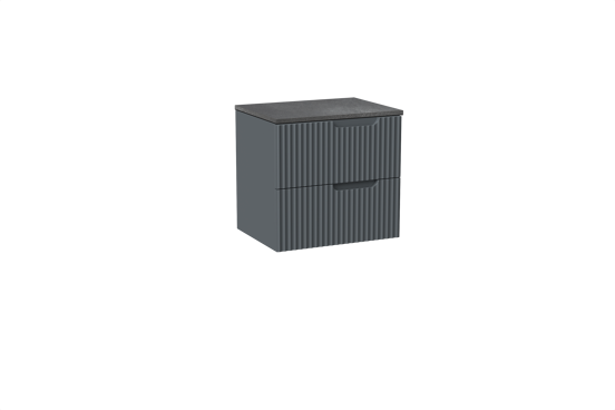 Linie Ribbo meuble salle de bains suspendu 60 x 46 cm bleu anthracite avec Lado tablette simple en mélaminé ardoise gris, Nervure circulaire symétrique verticale