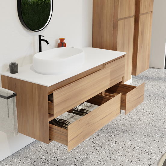 Balmani Mitra meuble salle de bains suspendu 135 x 55 cm teck avec Stretto tablette simple ou double en solid surface blanc mat
