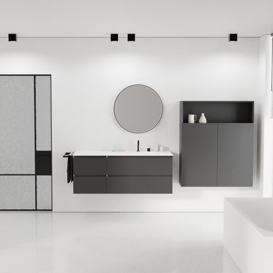 Balmani Mitra meuble salle de bains suspendu 135 x 55 cm noir mat avec Tablo Arcato vasque asymétrique droite en solid surface blanc mat