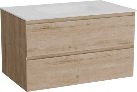 Balmani Mitra hängendes Möbelstück Set: 90 x 55 cm, Rohe Eiche, mit Tablo Arcato Einzelwaschtisch, Solid Surface Weiß matt