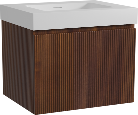 Storke Ribs hängendes Möbelstück Set: 65 x 52 cm, Nussbaum, mit Mata High Einzelwaschtisch, Solid Surface, Weiß matt, Vertikale symmetrische gerade Rippe
