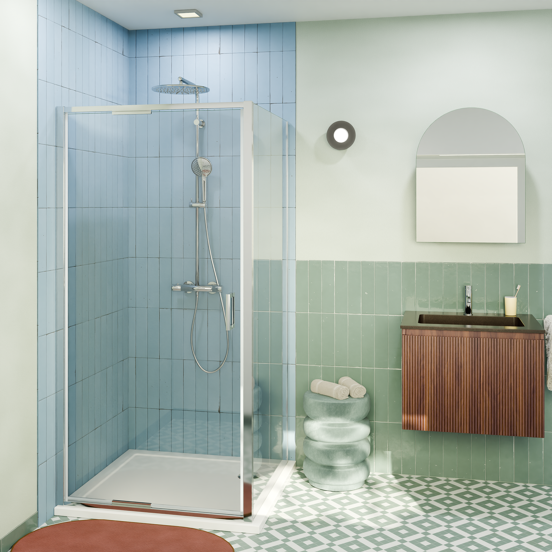 Luca Varess Vidor In Eckdusche: Drehtür und fixierte, Seitenwand, 100 x 80 cm, Klarglas, Chrom Profil, glänzend