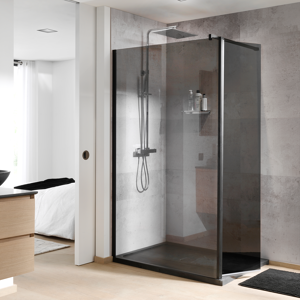 Balmani Move douche à l'italienne avec panneau latéral pivotant 120 x 200 cm verre fumé profil noir mat