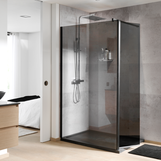 Balmani Move inloopdouche met beweegbare zijwand 120 x 200 cm rookglas mat zwart profiel