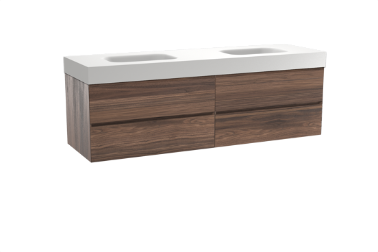 Balmani Mitra hängendes Möbelstück Set: 180 x 55 cm, Nussbaum, mit Arcato Doppelwaschtisch, Solid Surface Weiß matt