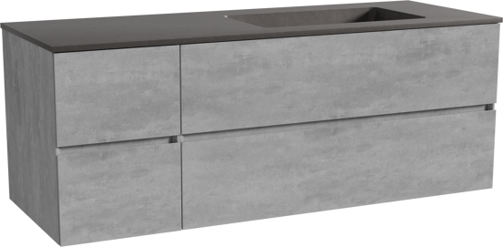 Storke Edge zwevend badmeubel 140 x 52 cm beton donkergrijs met Scuro asymmetrisch rechtse wastafel in kwarts mat zwart