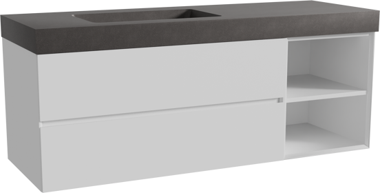 Storke Edge meuble salle de bains suspendu 150 x 52 cm blanc mat avec Scuro High plan vasque asymétrique à gauche en quartz noir mat
